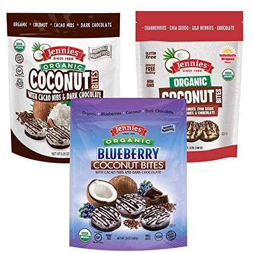 Jennies USDA Organic Coconut Bites Variety Pack Raw Plant-Based Vegan Certified Gluten Free Non-GMO Sulfite Free OU Kosher Individually Wrapped 3 Pack 1 Bag Per Flavor 5_25oz Each Organic Coconut Bites Variety