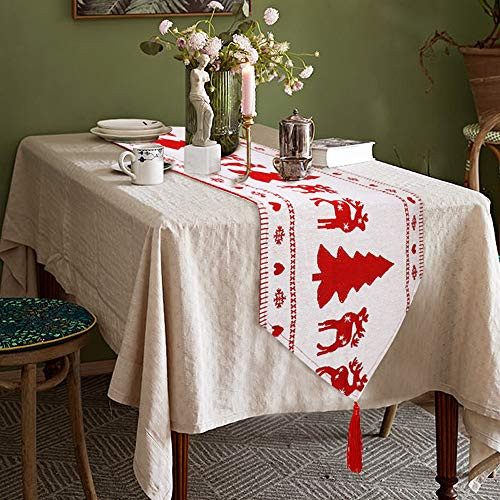 Christmas Table Runner White Cotton Linen Table Runner Christmas Tree Table Runner Decorations for Seasonal Family Dinners Holiday Gatherings Christmas Party Decors 70_86 x 13 Inch
