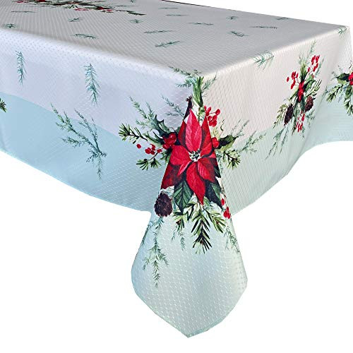 Lintex Holly Bough Stonewashed Border Traditional Christmas Tablecloth Poinsettia and Holly Sprig Sage Bordered Xmas Holiday Easy Care Fabric Tablecloth 60 Inch x 102 Inch OblongRectangle