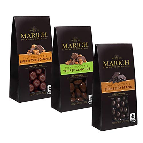 Marich Premium Chocolate Gable Boxes Variety Pack 4_25 Oz Pack of 3  1 Milk Chocolate English Toffee Caramels 1 Milk Chocolate Toffee Almonds 1 Dark Chocolate Espresso Beans