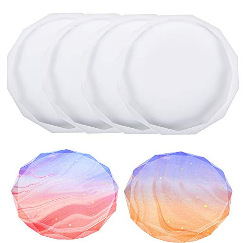 PAFUWEI DIY Resin Coaster Molds 4 Pcs Diamond Silicone Agate Coaster Molds for Resin Casting Glossy Coaster Mold for Making Resin Geode Agate Slice Coasters Cups Mats