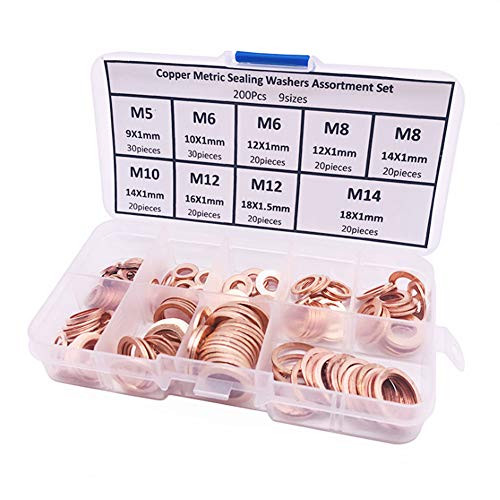 200Pcs 9 Sizes Brass Copper Washers with Storage Box Flat Washer Assortment Kit Gasket Flat Metric Sealing Ring Set Assortment M5-M14 200Pcs 9 Sizes Brass Copper Washers with Storage Box Flat Washer Assortment Kit Gasket Flat Metric Sealing Ring Set Assortment M5-M14