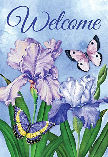 Texupday Welcome Blue Flowers Butterflies Decoration Spring House Flag Outdoor Yard Flag 28 x 40