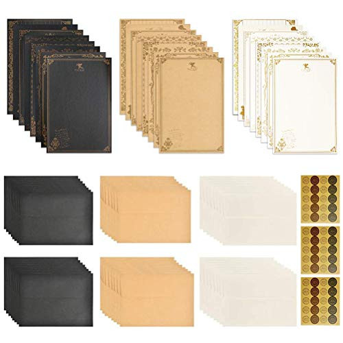 96 Sheets 3 Styles Aged Paper Vintage Stationary Paper and Envelopes Writing Stationery Paper Letter Set - 96 Sheets of Vintage Letter Papers 48 Envelopes 60 Sealing Stickers