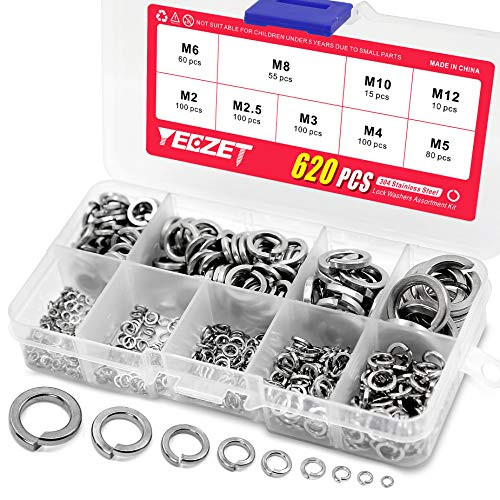 620PCS 304 Stainless Steel Spring Lock Washers Assortment Kit 9 Sizes M2 M2_5 M3 M4 M5 M6 M8 M10 M12