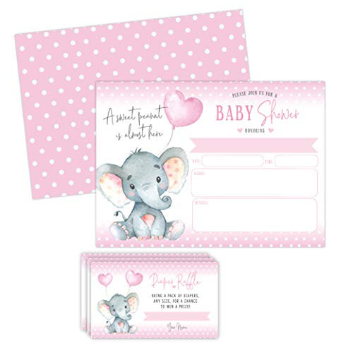 Elephant Girl Baby Shower Invitations Peanut Baby Shower Invites with Diaper Raffles Cards Sprinkle 20 Invites Including Envelopes