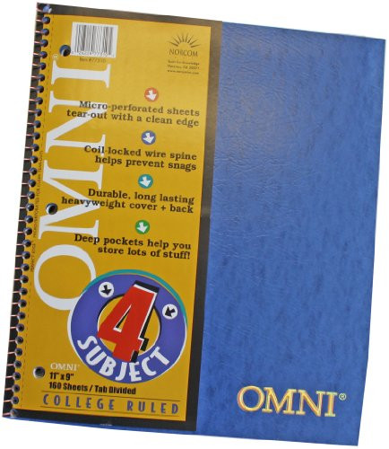 Norcom Omni 4-Subject Tab-Divided Notebook, 11 x 9 Inches, 4 Assorted Colors, 1 Notebook per Order (77310-8)
