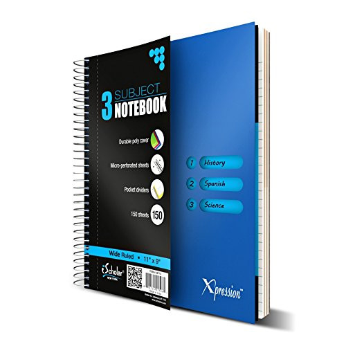 iScholar Xpression Poly Cover Wire Bound 3 Subject Notebook, Wide Ruled, 10.5 x 8.5 Inches, 150 Sheets, Assorted Color Covers (59713)