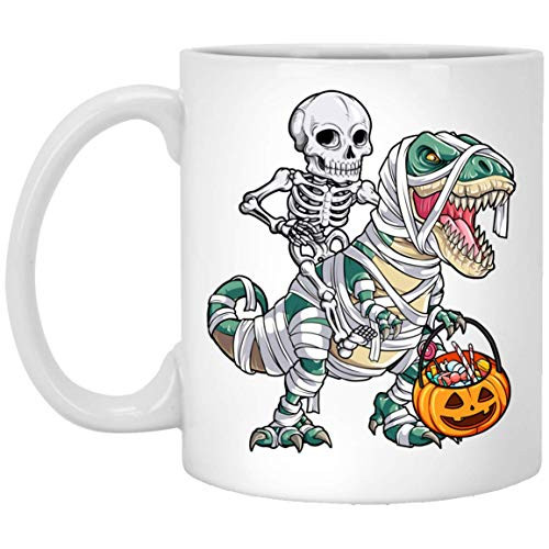 Skeleton Riding Mummy Dinosaur T Rex Halloween Coffee Mug - Dinosaur Halloween Coffee Mug 11oz