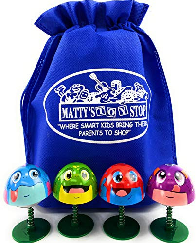 Schylling Frog Poppers Red Blue Green  and  Purple Complete Gift Set Bundle with Mattys Toy Stop Storage Bag - 4 Pack