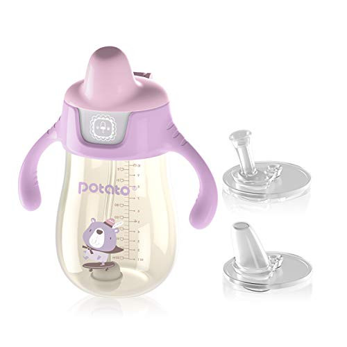 POTATO Sippy Cups For Toddlers with Straw Spill Proof PPSU Learner Cup with Handle for Girl Water Bottle for Baby 12 Months with 2 Type of Spout 10 Ounce Pink
