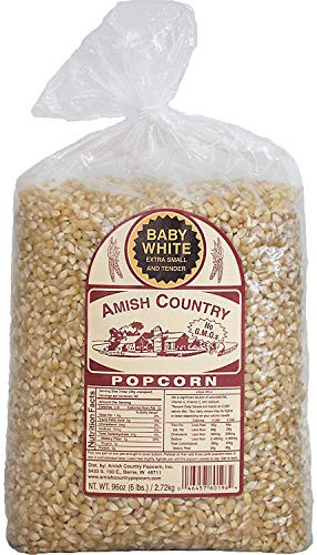 Amish Country Popcorn -Baby White Extra Small and Tender Popcorn, Old Fashioned and Non-GMO - 6 lb Bag with Recipe Guide and 1 Year Freshness Guarantee