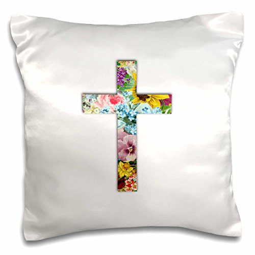 3D Rose Floral Christian Cross Colorful Girly Flower Pattern Religious Symbol Pillow Case, 16" x 16"