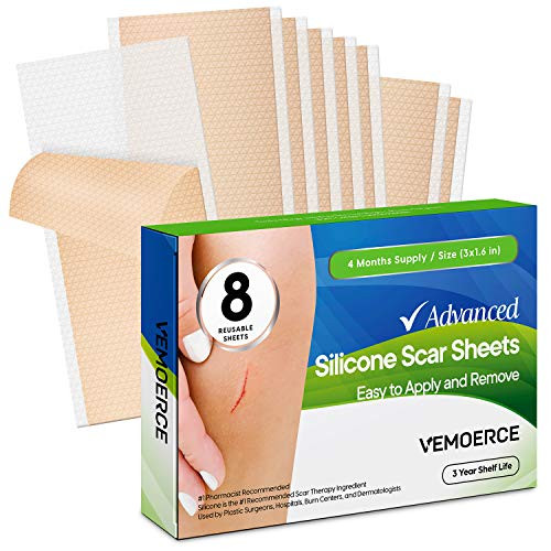 Vemoerce Professional Silicone Scar Sheets Soften and Flattens Scars Resulting from Surgery Injury Burns Acne C-section and more Soft Silicone Scar Strips 3x1_57 8 Sheets 4 Month Supply