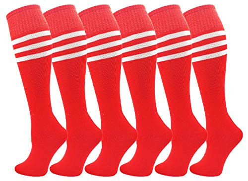 Kids Soccer Socks 6 Pairs for Boys Girls Knee High Athletic Sports Football Gym School Team Pack for Children Youth Red Small
