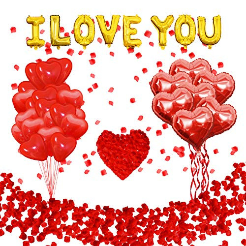 Valentines Day Party Decorations - Valentines Day Decorations Set Including 16 I LOVE YOU Gold Foil Balloons  Red Silk Rose Petals Red Ribbon Red Heart shaped Latex balloons and Heart Shaped Foil balloons for Valentines Anniversary Wedding