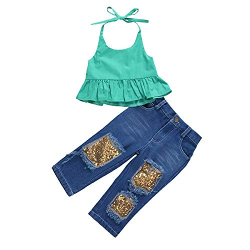 Baby Toddler Girl Off Shoulder Ruffle Tops  and  Ripped Jeans Hollow Denim Pants Outfits Clothes Set 9 2-3T