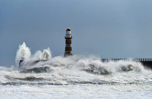 Posterazzi DPI12555408 Roker Lighthouse and Waves from The River Ware Crashing onto The pier Sunderland Tyne and Wear England Photo Print 19 x 12 Multi