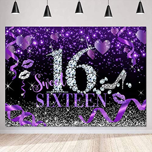 Sensfun Sweet 16 Silver Purple Bokeh Glitter Backdrop 7x5ft for Girls Happy 16th Birthday Party Decorations Banner Diamonds High Heels Sweet Sixteen Photography Photo Booth Props Supplies Background