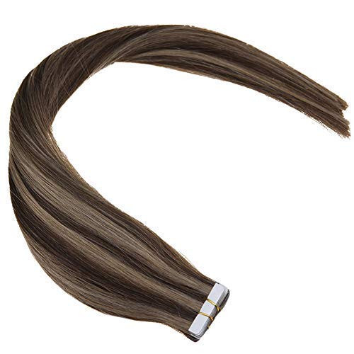 YoungSee Tape in Hair Extensions Brown with Highlights Blonde 14 Inch 20pcs 50g Skin Weft Tape in Human Hair Extensions Real Remy Hair