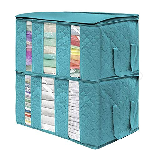 VARWANEO Large Capacity Clothes Storage Bag Organizer with Reinforced Handle Thick Fabric for Comforters Blankets Bedding Foldable with Sturdy Zipper Clear Window 4 Pack 90L Blue