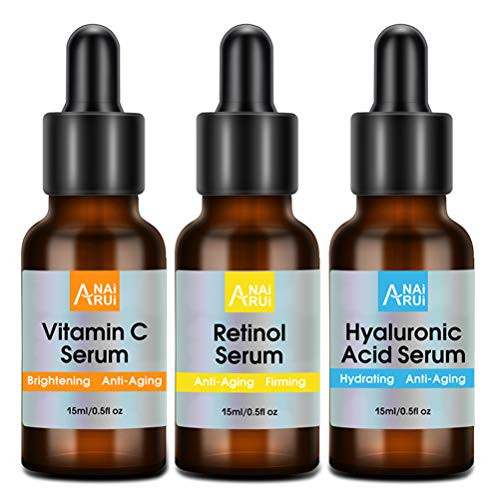 ANAIRUI Facial Serum Set Vitamin C Serum Retinol Serum and Hyaluronic Acid Serum Boost Radiance Anti Acne Anti aging Serum for Face 0_5 oz each