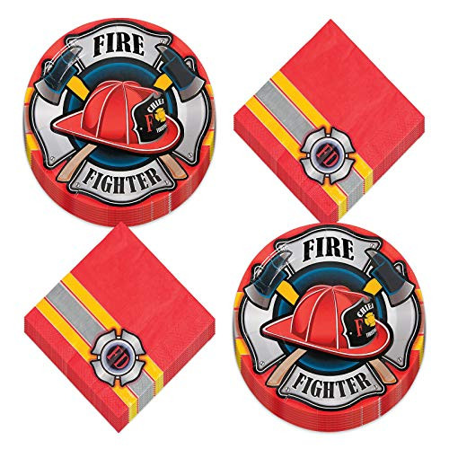 Firefighter Party Round Paper Dinner Plates and Luncheon Napkins Serves 16