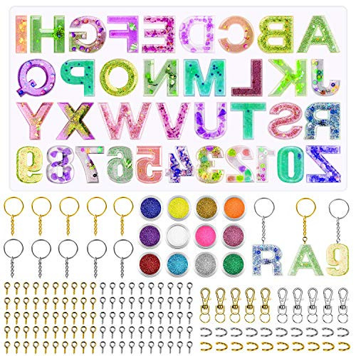 Alphabet Silicone Molds for Resin Audab Alphabet Resin Mold Resin Keychain Molds for Epoxy Resin Letter Molds with Keychains Hooks Screw Eye Pins Alphabet Mold for Resin Casting 12 Color Sequins