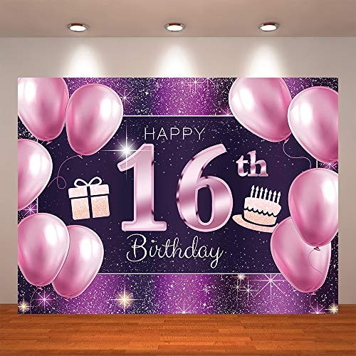 Crefelicid 7x5ft Happy 16th Purple Birthday Backdrop Girls 16 Bday Background Sixteen Birthday Photo Booth Party Cake Table Photography Decorations Supplies