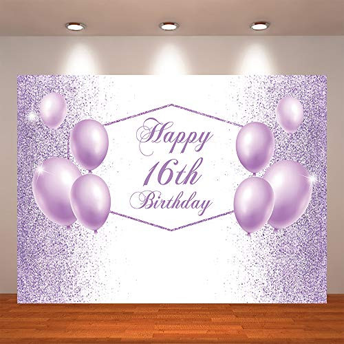 Crefelicid 7x5ft Happy 16 Glitter Dots Purple Bolloons Birthday Backdrop Girls 16th Bday Background Sixteen Birthday Photo Booth Party Cake Table for Party