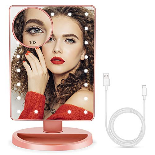 Makeup Vanity Mirror with 21 Led Lights Lighted Makeup Mirror with Detachable 10X Magnification Dual Power Supply Touch Screen Light Adjustable Dimming Cosmetic Table Mirror Rose Gold