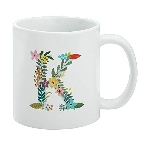 Coffee Cup Mug  Letter K Floral Monogram Initial White Mug 11 Oz Ceramic Mugs K