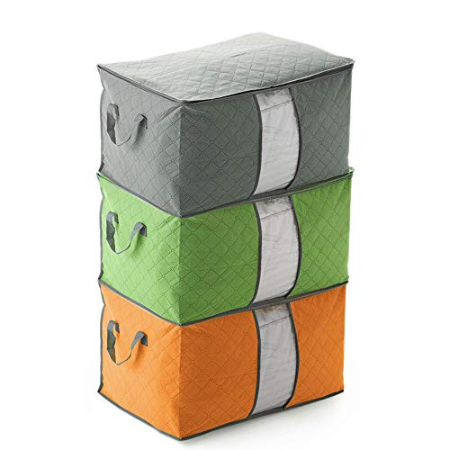 3Pcs GreenOrangeGray Storage Bag Organizers Large Capacity Clothes Storage Bag for Closet Comforter Bedding Clothes Blanket with Reinforced Handle Foldable for Closet and Underbed Storage