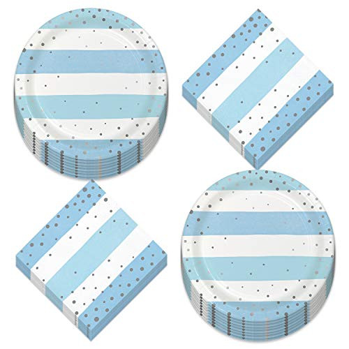 Blue and Silver Party Supplies - Blue Striped Silver Confetti Dot Metallic Paper Dessert Plates and Beverage Napkins Serves 16 Blue and Silver Party Supplies - Blue Striped Silver Confetti Dot Metallic Paper Dessert Plates and Beverage Napkins Serves 16