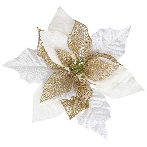 Louiesya Pack of 12 Glitter Artificial Wedding Christmas Flowers Glitter Poinsettia Christmas Tree Ornaments Dia 9 Inch White