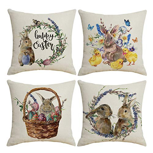 MENGT Set of 4 Easter Decoration Throw Pillow Covers 18 x 18 Bunny Throw Pillow Case Square Cotton Linen Home Decor Easter Cushion Cover Easter Pillowcases for Sofa Couch Bedroom MENGT Set of 4 Easter Decoration Throw Pillow Covers 18 x 18 Bunny Throw Pillow Case Square Cotton Linen Home Decor Easter Cushion Cover Easter Pillowcases for Sofa Couch Bedroom