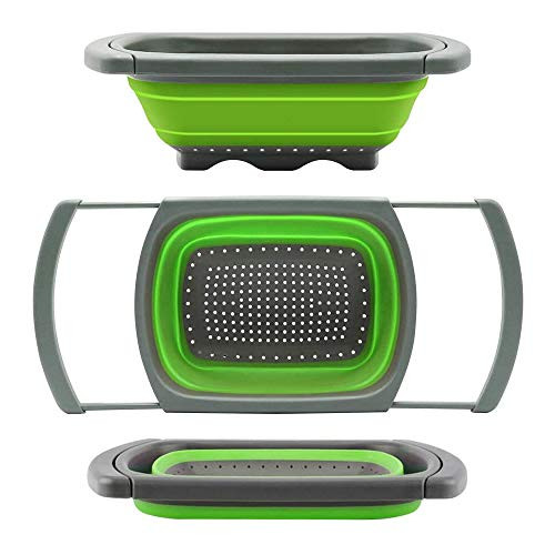 Colander Collapsible OBERLY Colander Strainer Over the Sink Food Colanders Strainers with Extendable Handles 6-Quart Dishwasher-Safe Kitchen Folding Strainer for Pasta Veggies and Fruits GREEN
