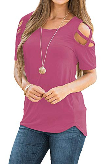 Sarin Mathews Womens Summer Strappy Cold Shoulder Short Sleeve Tunic Tops Casual Tees Loose Basic T Shirts Blouses Rosered L Sarin Mathews Womens Summer Strappy Cold Shoulder Short Sleeve Tunic Tops Casual Tees Loose Basic T Shirts Blouses Rosered L