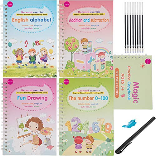 Tuuinn 5 Pcs English Magic Practice Copybook Magic Calligraphy That Can Be Reused Handwriting Copybook Tracing Book Set for Kid Calligraphic Letter Writing Drawing Mathematics with Pen