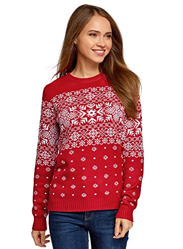 oodji Ultra Womens Nordic Pattern Knit Pullover Red US 6  EU 40  M