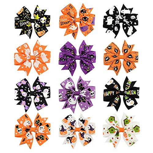 12pcsSet Halloweens Day Bow Knot Hair Pins Boutique Clips Grosgrain Ribbon Halloween Hair Bows Cartoon alligator clip