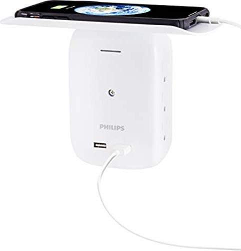 Philips 6 Outlet 2 USB Surge Protector Side Access Adapter Wall Tap Removable Device Charging Shelf Charging Station Protected Indicator Light 450J 2_4A 12W White SPS6024WA37