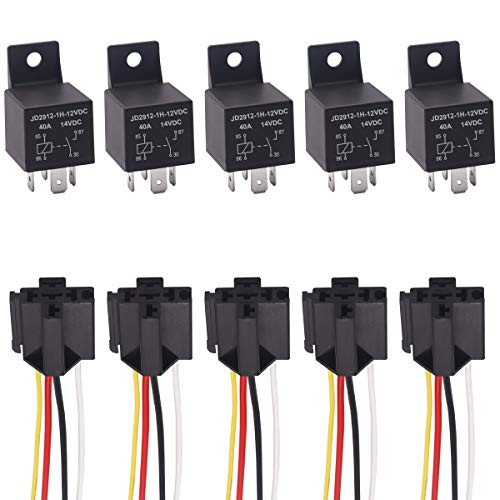 smseace 5PCS DC 12V 40A 4PIN SPST Electrical Relay with Socket Plug 5 Wire Used for Automotive Truck Motor JD2912-1H-12VDC 40A 14VDC Normally Open Relays JDC-4p-12v-40A-5PCS
