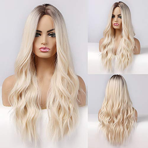 HAIRCUBE Long Blonde Wigs for Women Synthetic Curly Hair with Dark Roots Middle Parting HAIRCUBE Long Blonde Wigs for Women Synthetic Curly Hair with Dark Roots Middle Parting