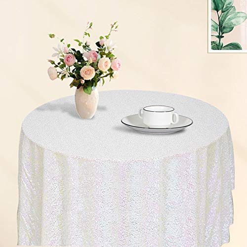 Sequin Tablecloth Round 72 Inch Iridescent White Glitter Table Cloths for Parties Dessert Tablecloth Round Sparkle Table Cover for Dining Room Wedding Tablecloth Thanksgiving Table Decor