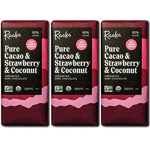 Raaka Chocolate Pure Cacao  and  Strawberry  and  Coconut No Added Sugar  Gourmet Bean-to-Bar Dark Chocolate  80 Cacao  Organic Kosher Vegan Gluten-Free  Chocolate Lovers Gift  1_8oz Bars 3-Pack