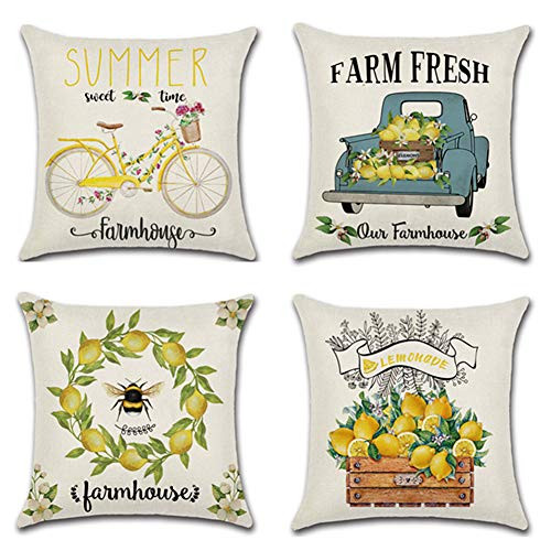 Auomily Lemon Pillow Covers Farm Fresh Lemon Farmhouse Truck Flower Bicycle Cotton Linen Throw Pillow Case Cushion Case 18 x 18 Inch Spring Summer Decorations Set of 4