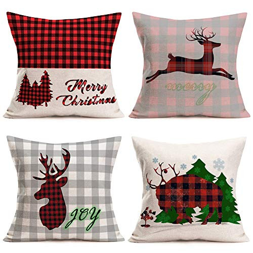 Fukeen Set of 4 Merry Christmas Reindeer Throw Pillow Cover 4 Pack 18x18 Inch Xmas Farm Fresh Trees Buffalo Plaid Pillow Cases Elk Antlers Moose Animal Snowflake Winter Home Decor Cushion Cover