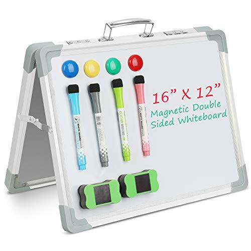 Magnetic Whiteboard Double Sided Dry Erase Board Desktop Reminder Drawing Board Portable Whiteboard Easel with 4 Magnets  and  2 Eraser 4 Magnetic Dry Erase Pens 16 X 12inch