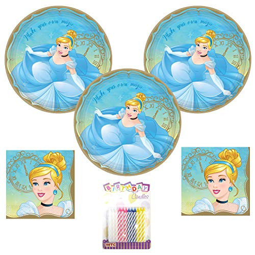 Princess Cinderella Party Supplies Party Supplies Pack Serves 16 9 Plates and Luncheon Napkins with Birthday Candles Bundle for 16